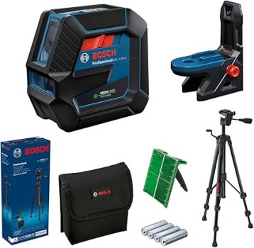 Bosch Professional Kreuzlinienlaser GCL 2-50 G (grüner Laser, Innenbereich, Halterung RM 10, Stativ BT 150, sichtbarer Arbeitsbereich: bis 15 m, 4x AA-Batterie, in Kartonschachtel)