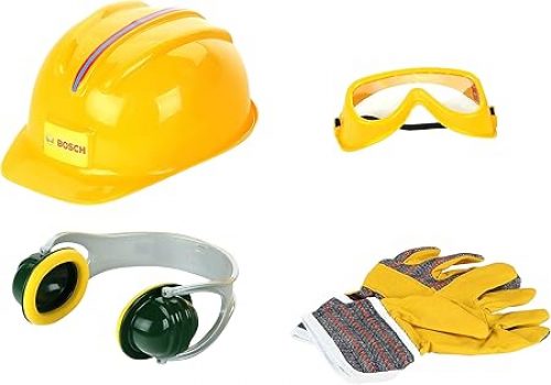 Theo Klein 8537 Set di Accessori Bosch, Guanti e Occhiali da Lavoro, Protezione per Le Orecchie e Casco, Tutto di qualità, Giocattolo per Bambini a Partire dai 3 Anni