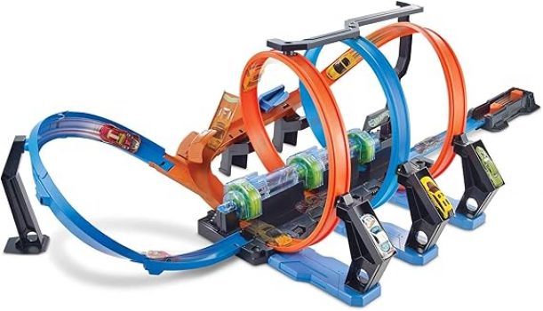 Hot Wheels Autorennbahn Korkenzieher, mit motorisierten Beschleunigern, 3 Looping Tracks und Kurven, inkl. 1 Spielzeugauto, Auto Spielzeug, Spielzeug ab 5 Jahre, FTB65